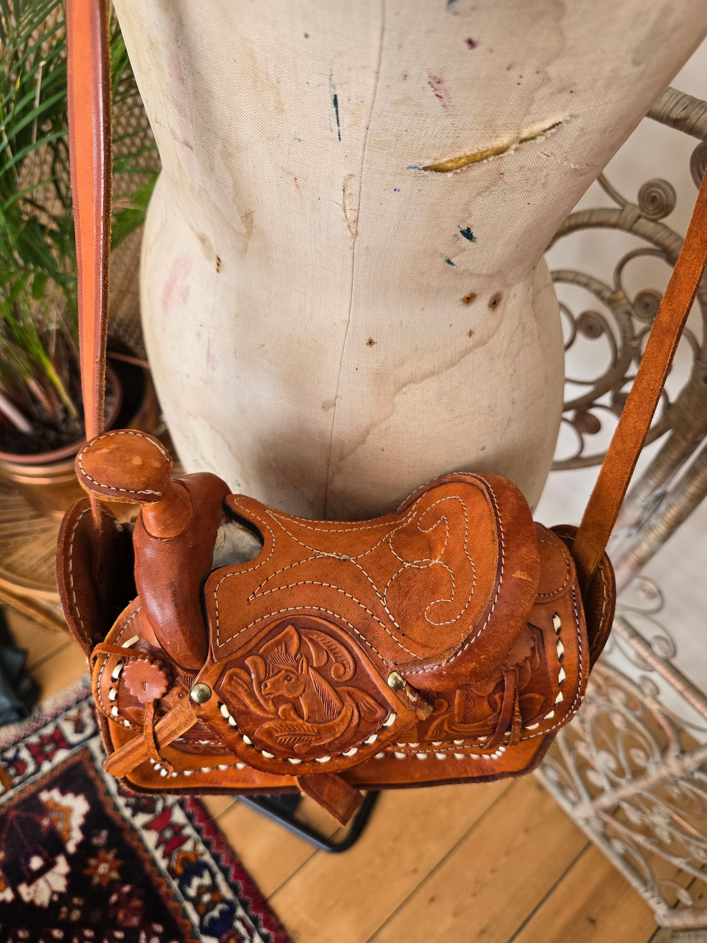 Vintage horse saddle leather tooled bag