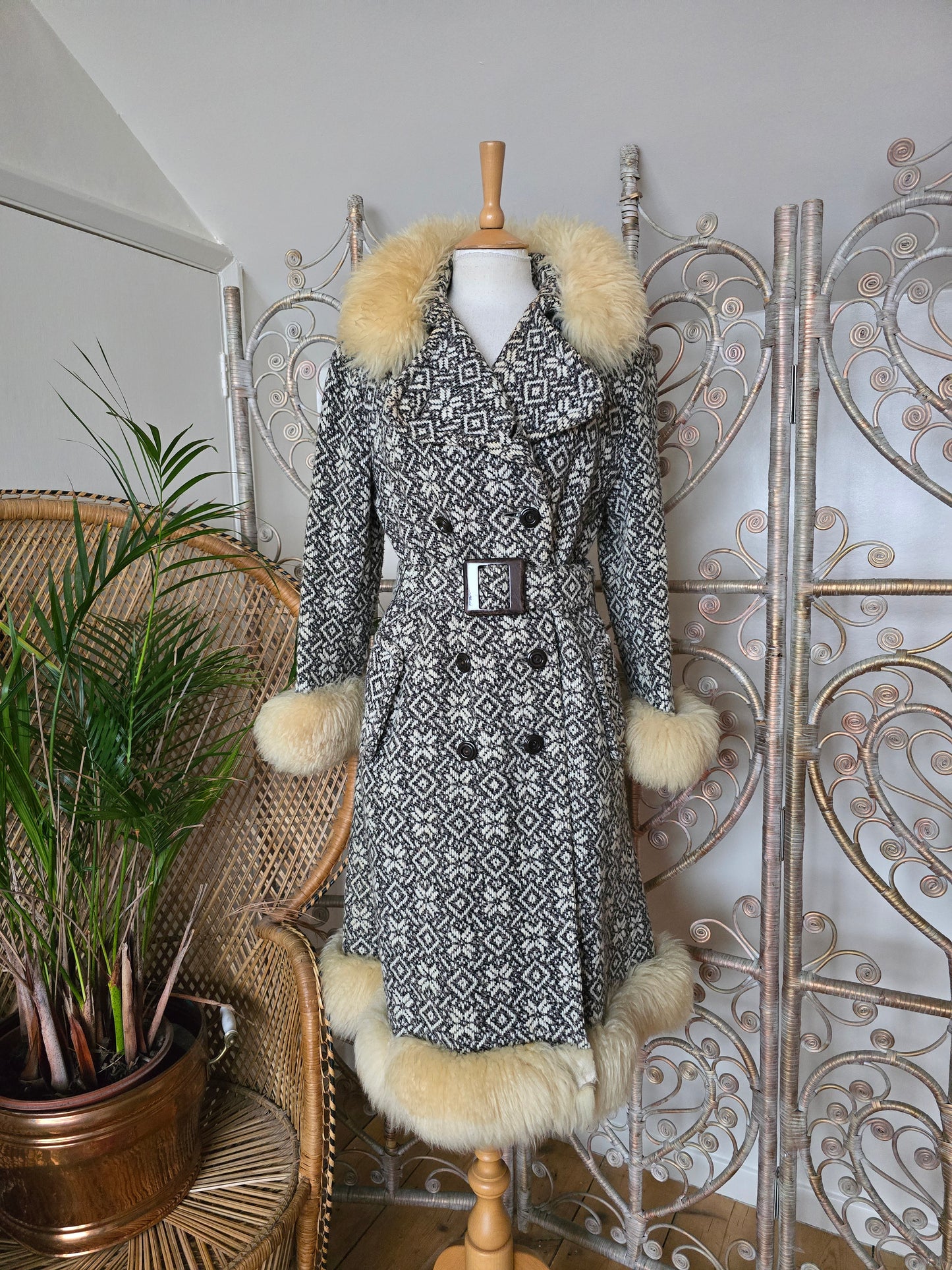Vintage tapestry sheepskin trim coat