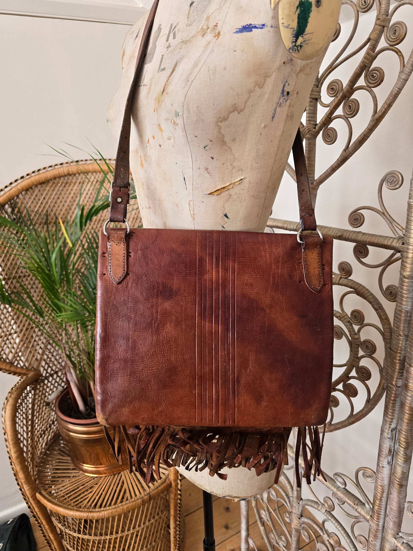 Vintage leather tooled fringe bag