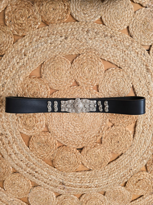 Vintage black indian waist leather belt