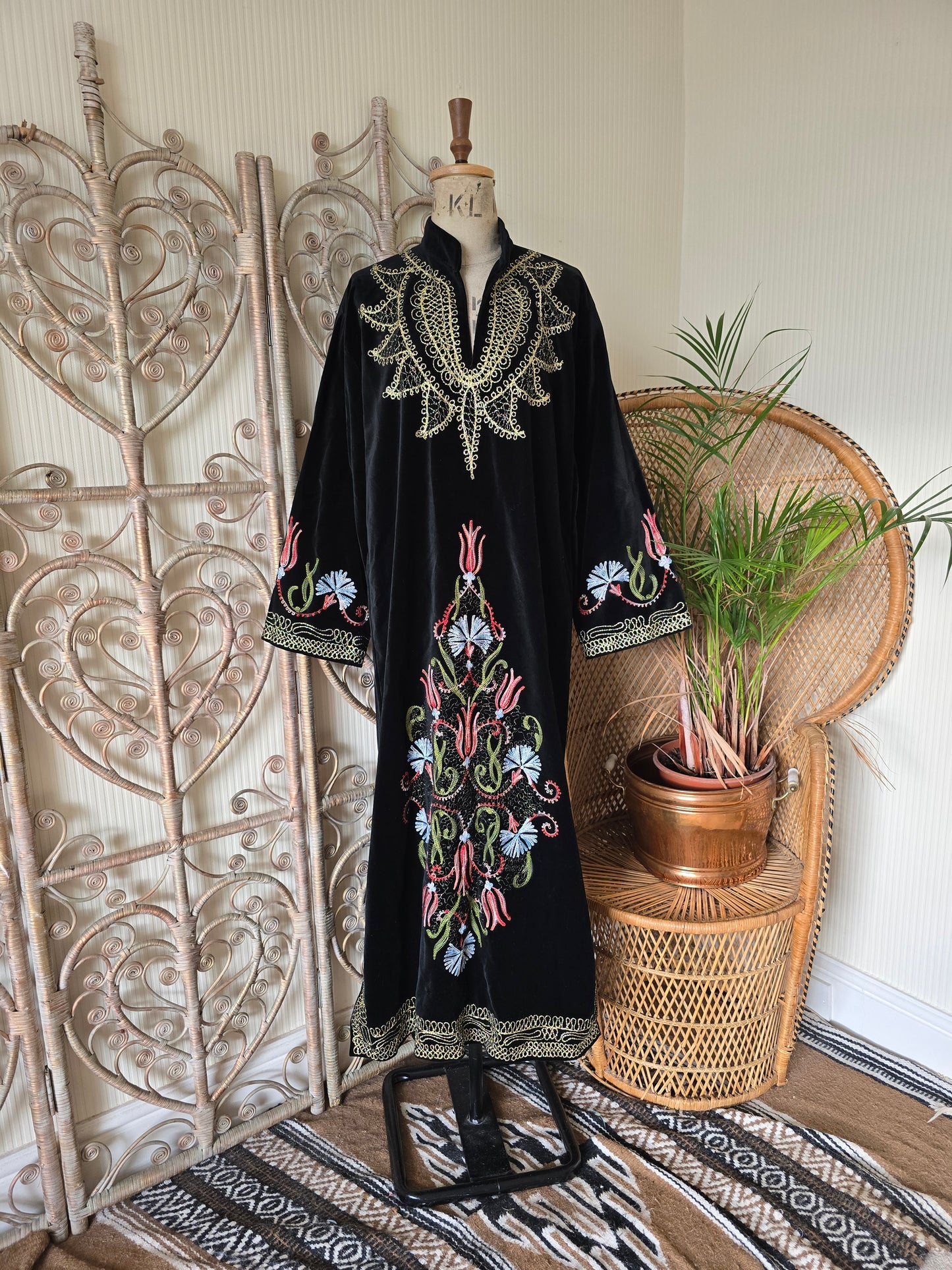Vintage embroidered velvet kaftan maxi dress
