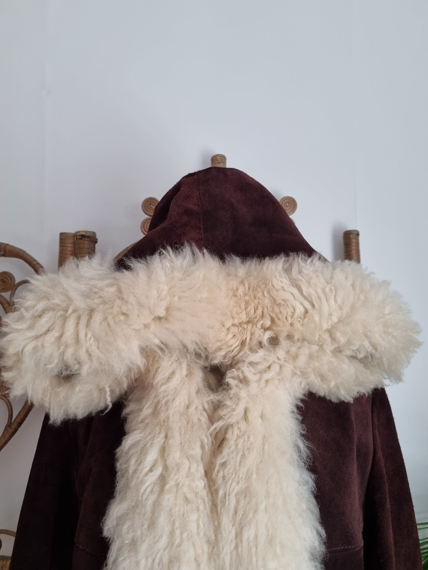 Vintage Sheepskin trim suede hooded 70s coat