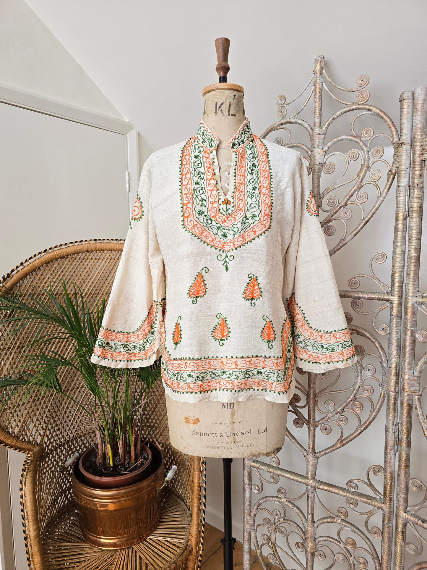 Vintage raw silk embroidered kaftan blouse