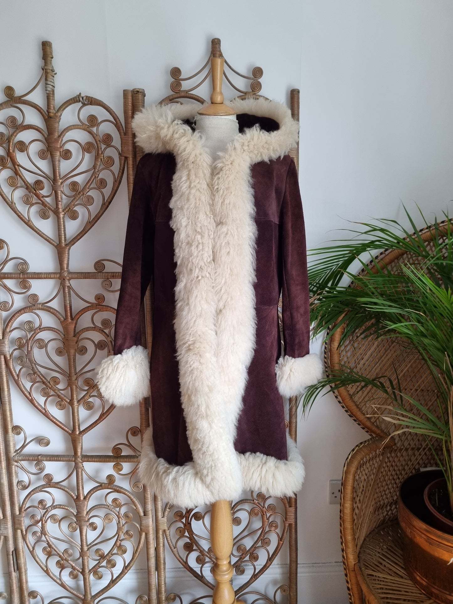 Vintage Sheepskin trim suede hooded 70s coat