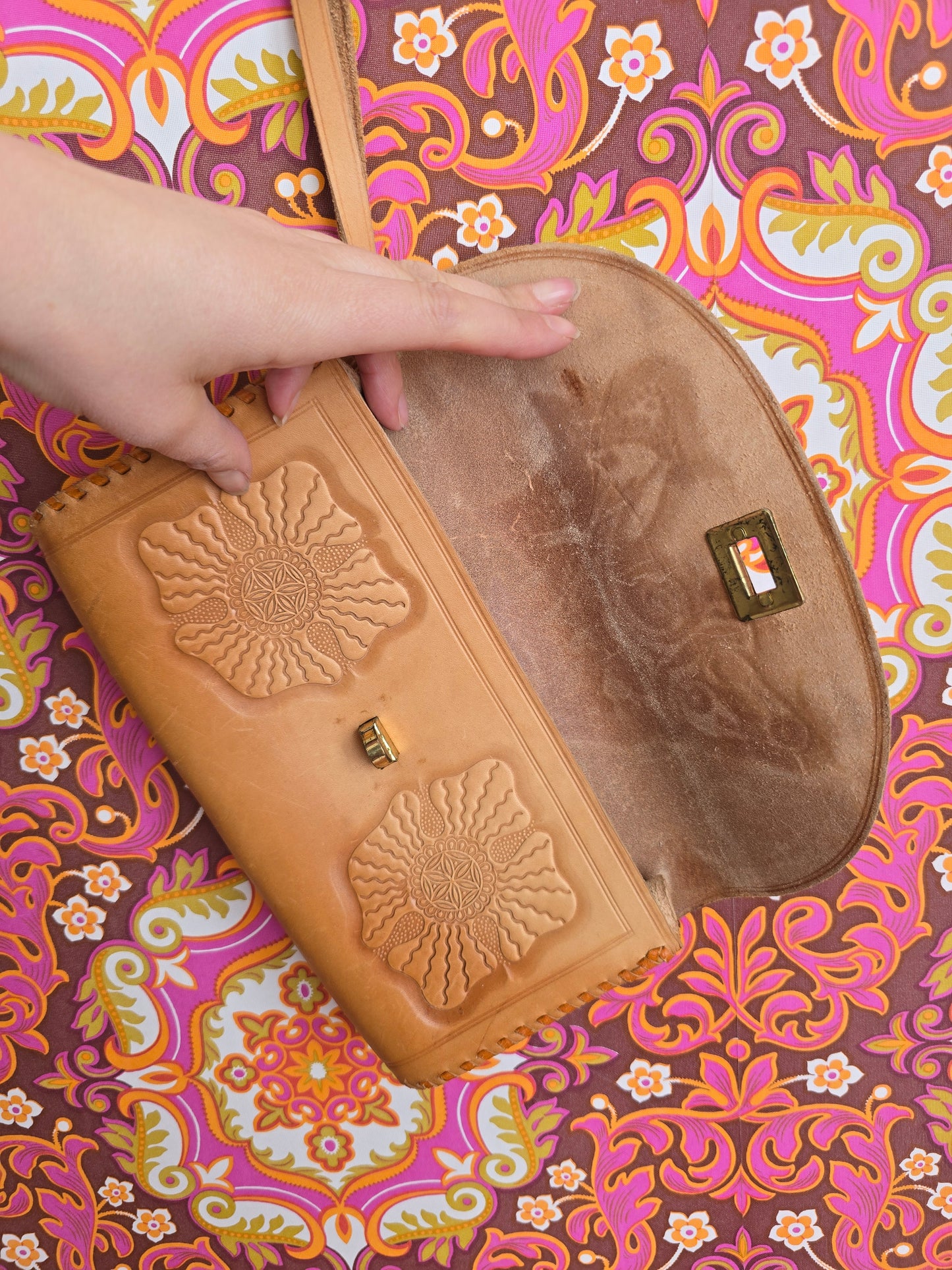 Vintage leather tooled clutch bag