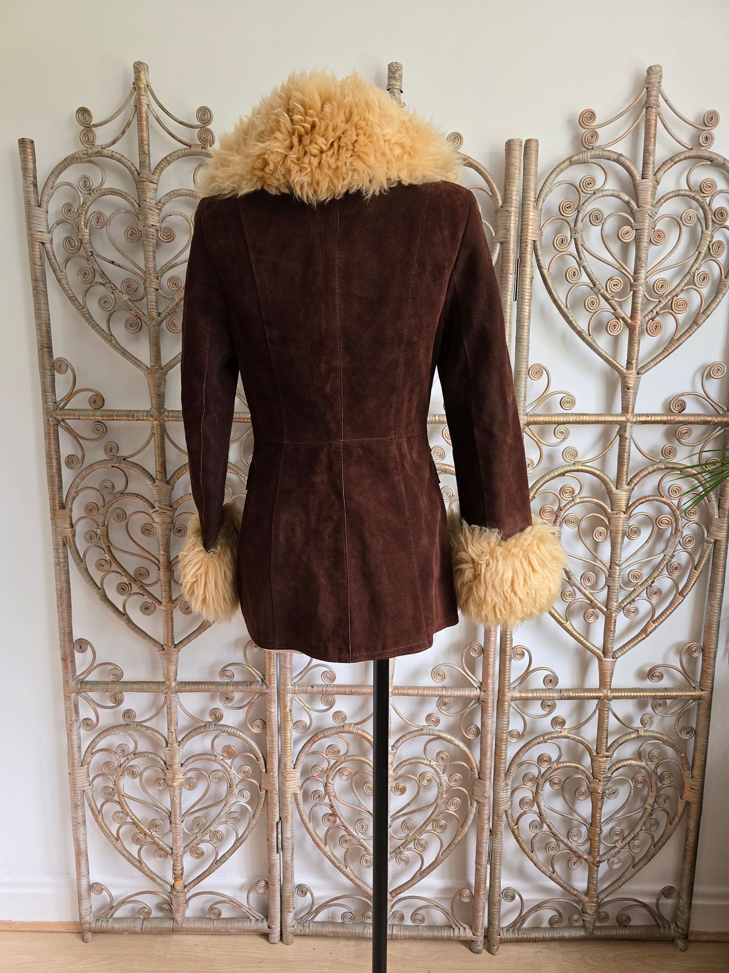 Vintage suede Sheepskin collar cuffs coat XS S