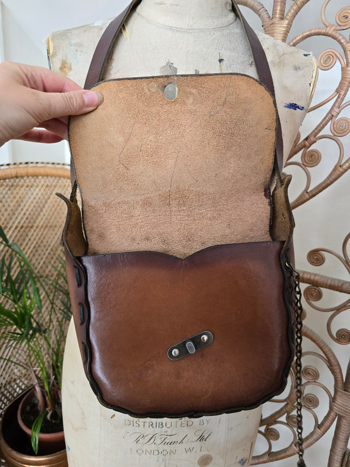 Vintage mushroom frog tooled leather bag