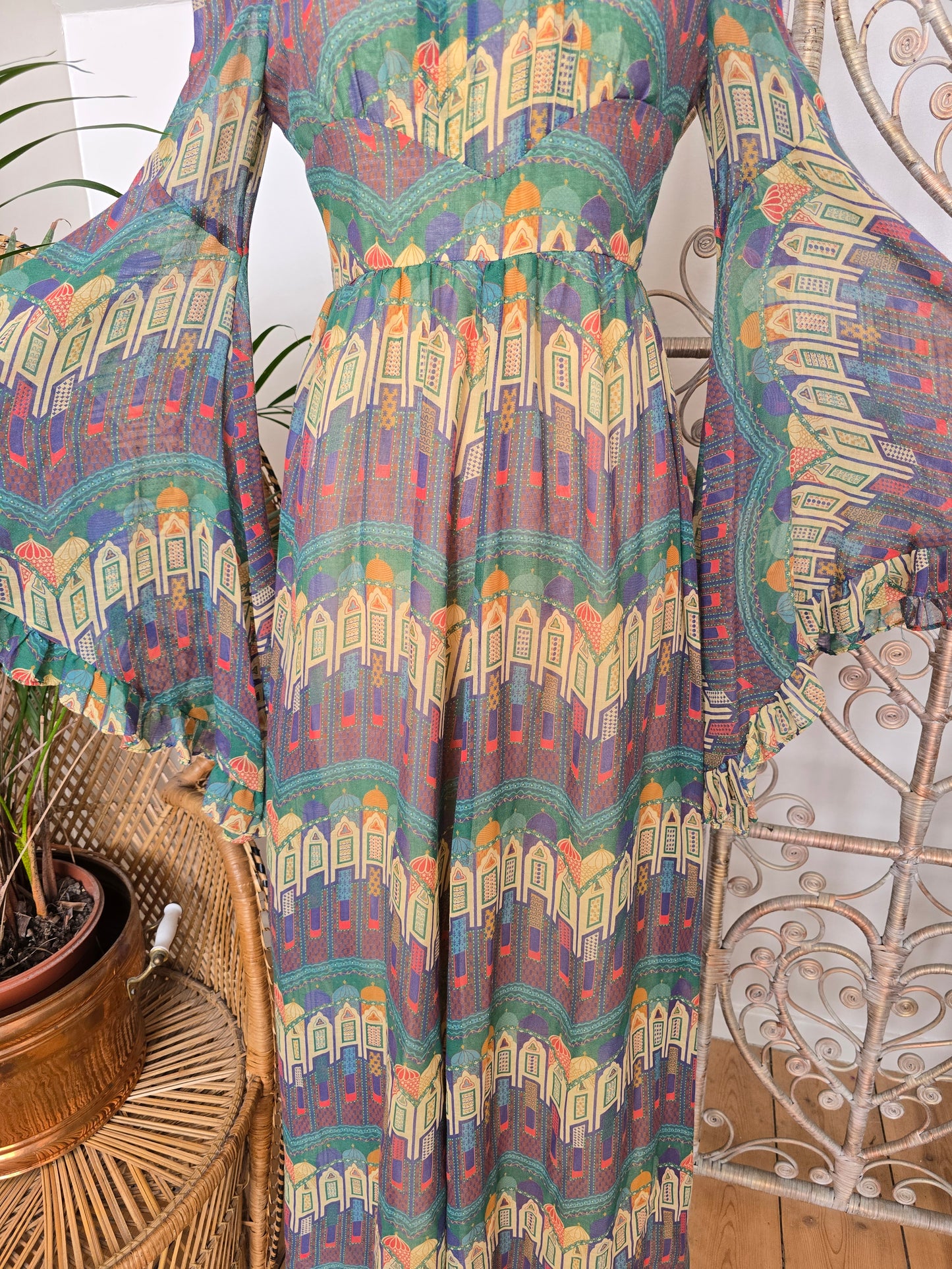Vintage angel sleeves 70s Samuel Sherman maxi dress