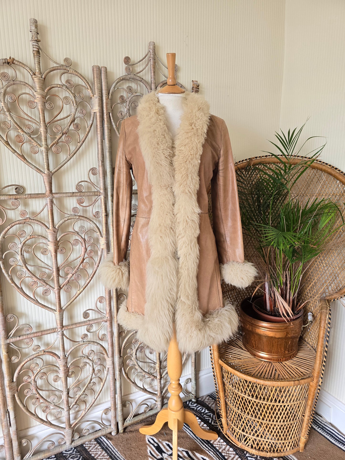 Vintage sheepskin trim leather coat