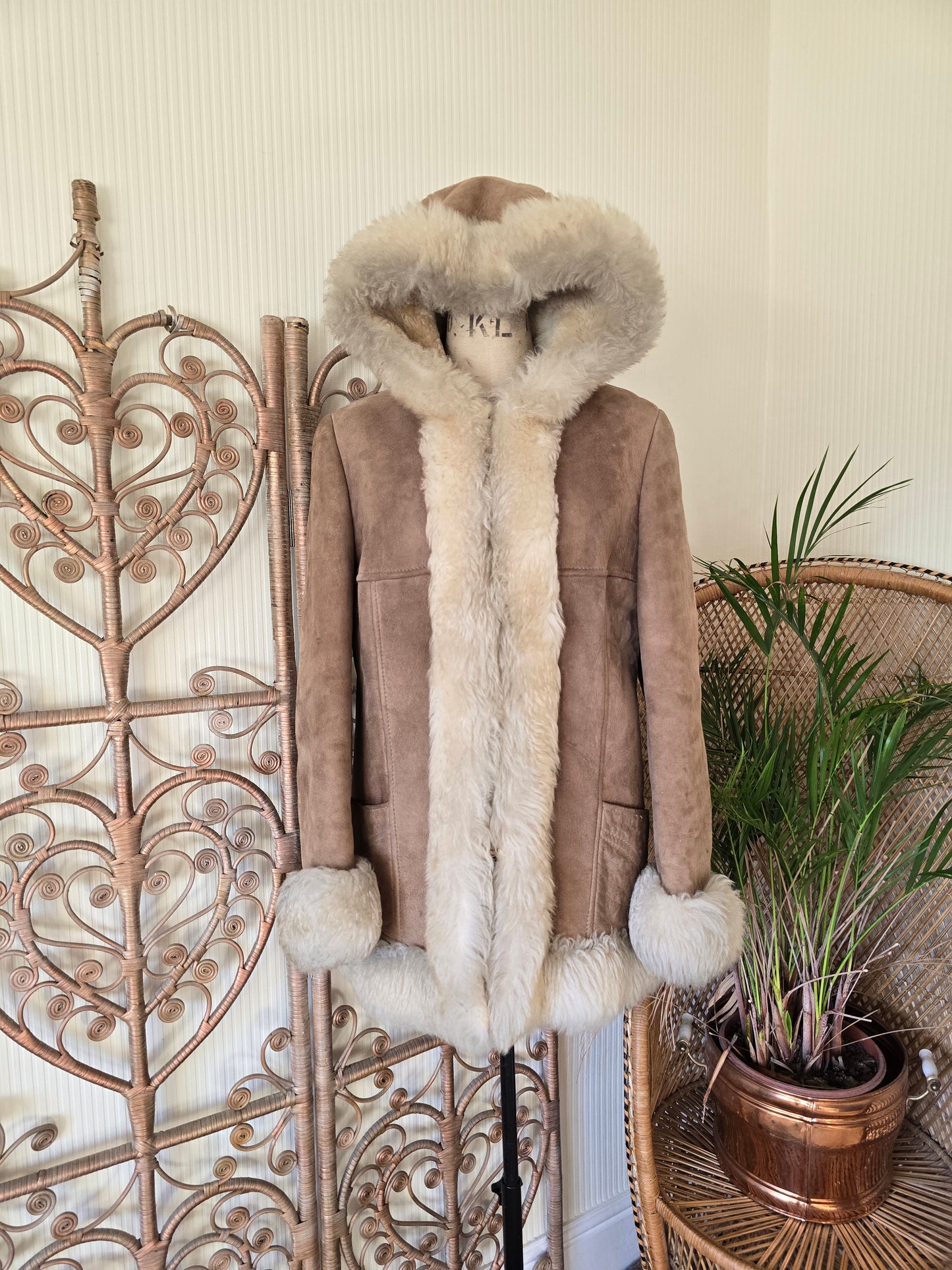 Vintage sheepskin hooded coat