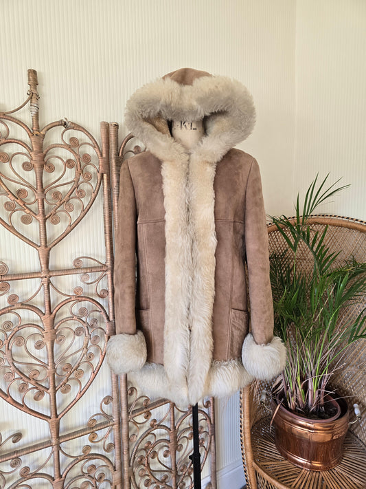 Vintage sheepskin hooded coat