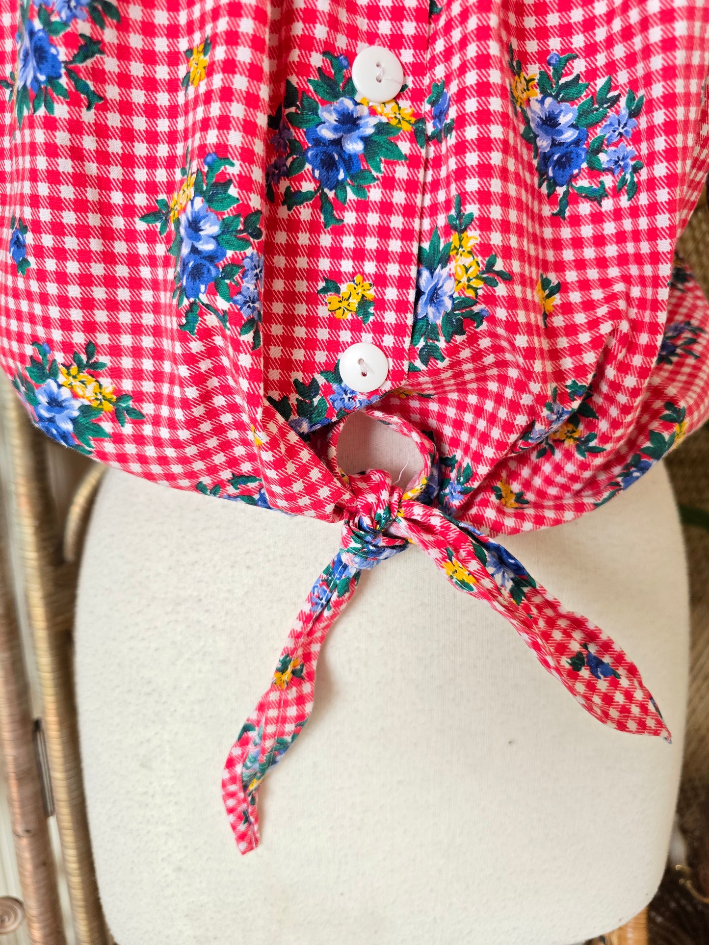 Vintage check tie off shoulders blouse L XL