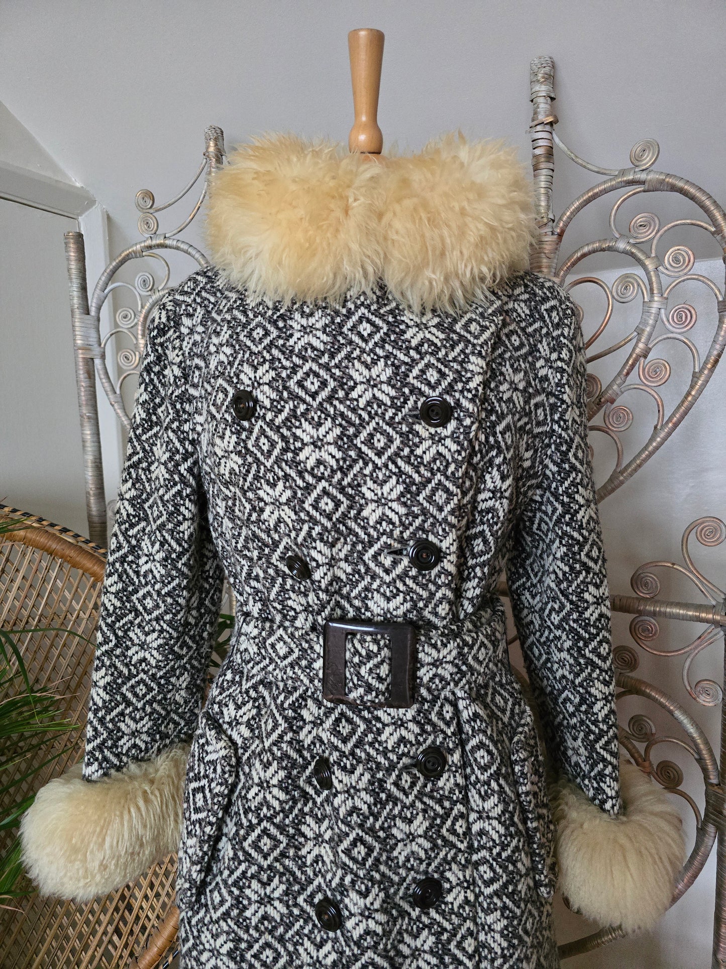 Vintage tapestry sheepskin trim coat