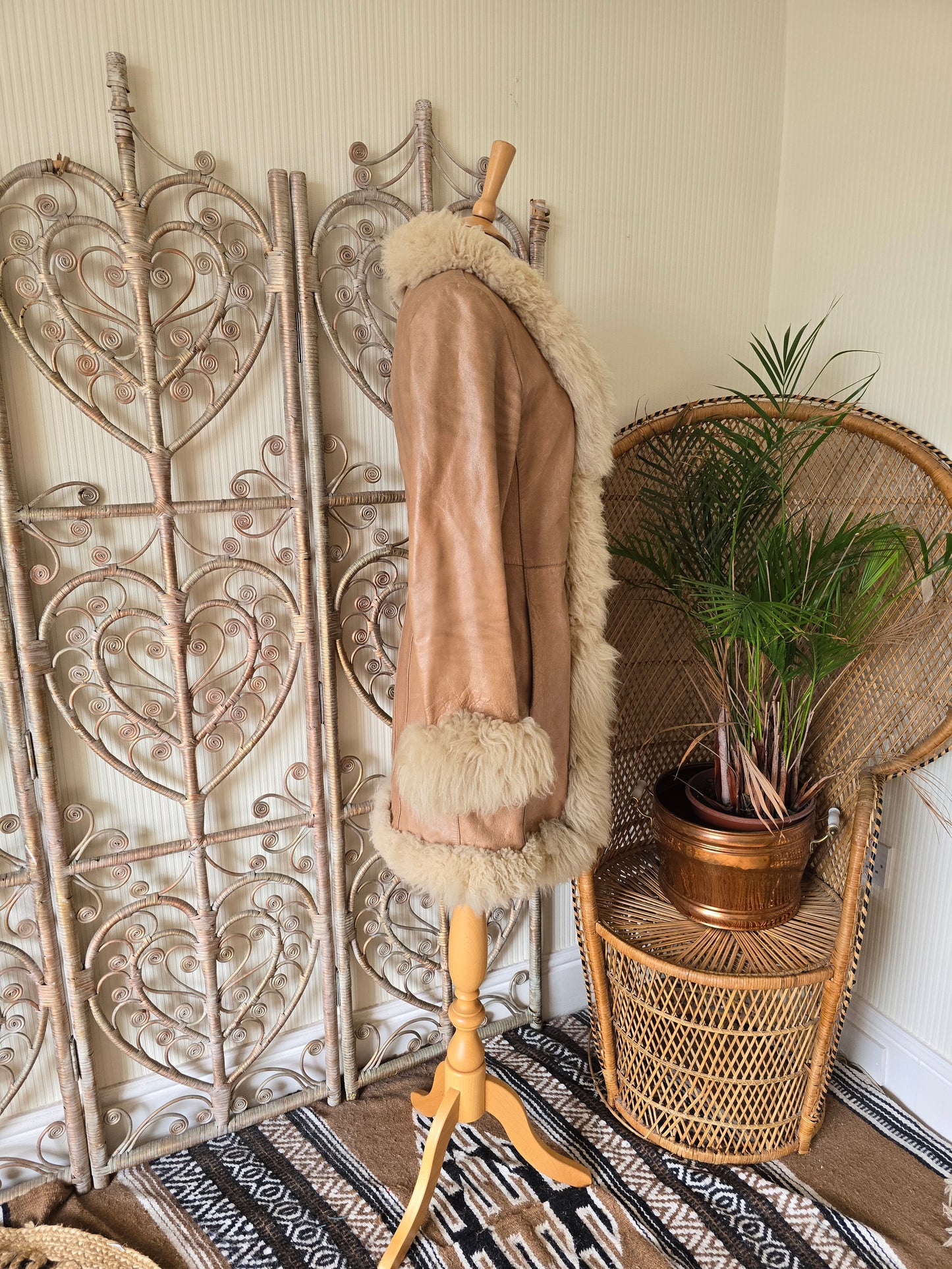 Vintage sheepskin trim leather coat