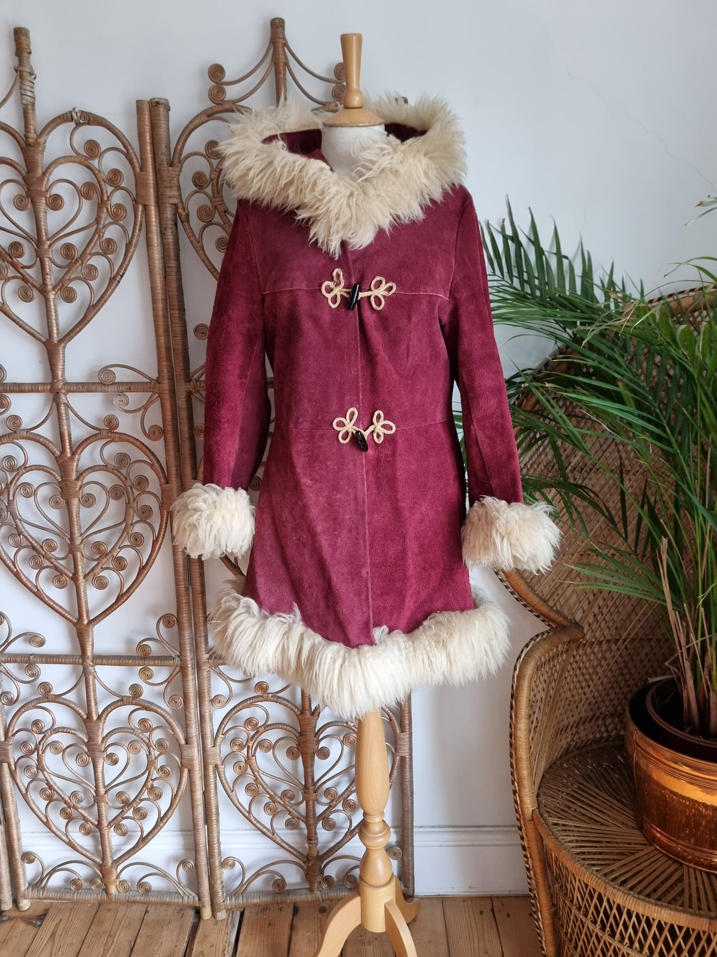 Vintage Sheepskin suede hooded 70s coat