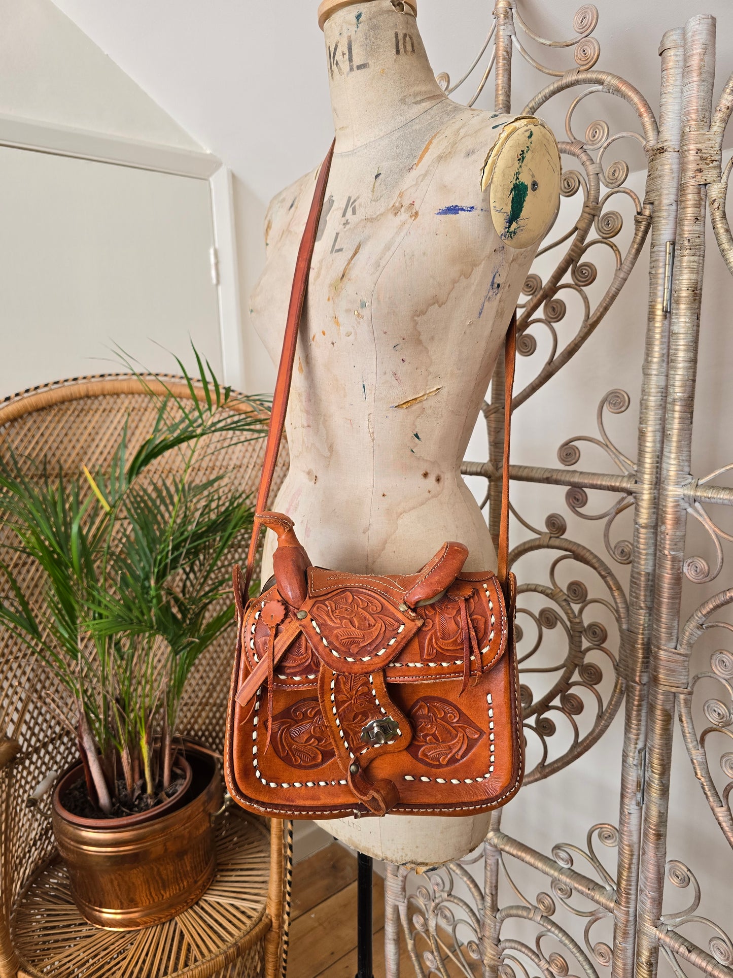Vintage horse saddle leather tooled bag