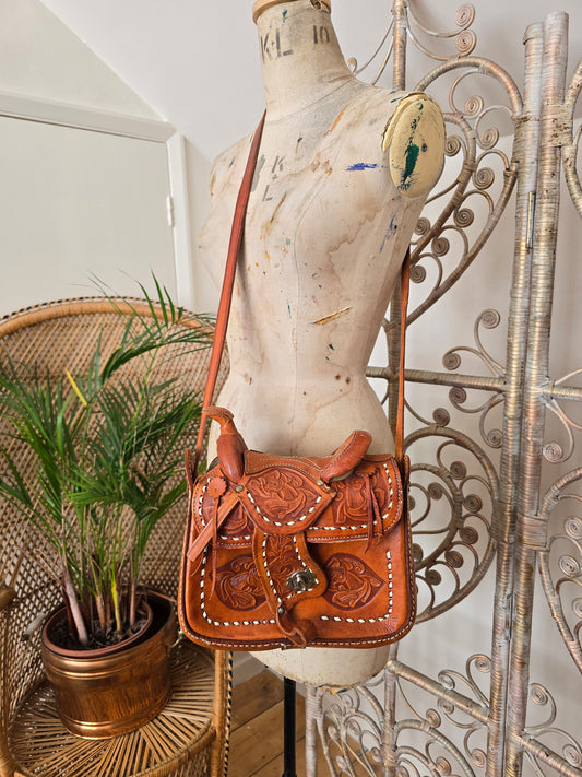 Vintage horse saddle leather tooled bag