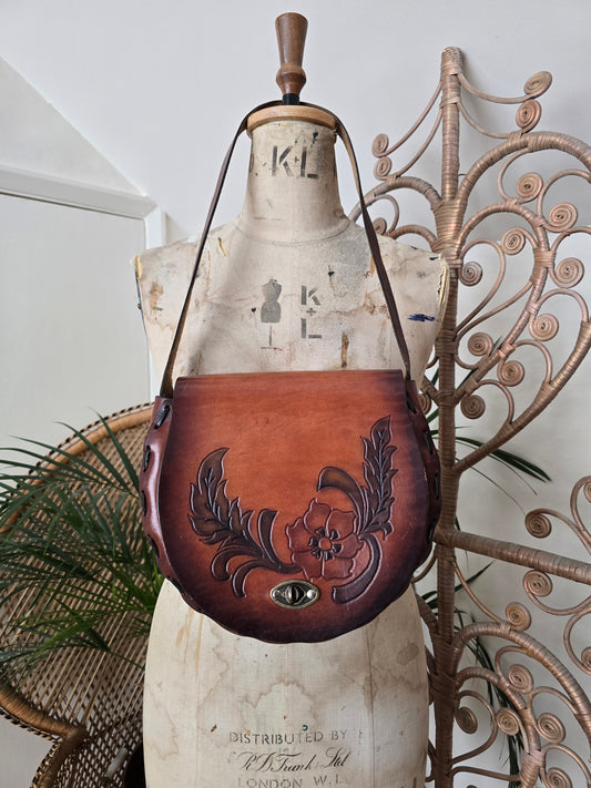 Vintage flower tooled leather bag