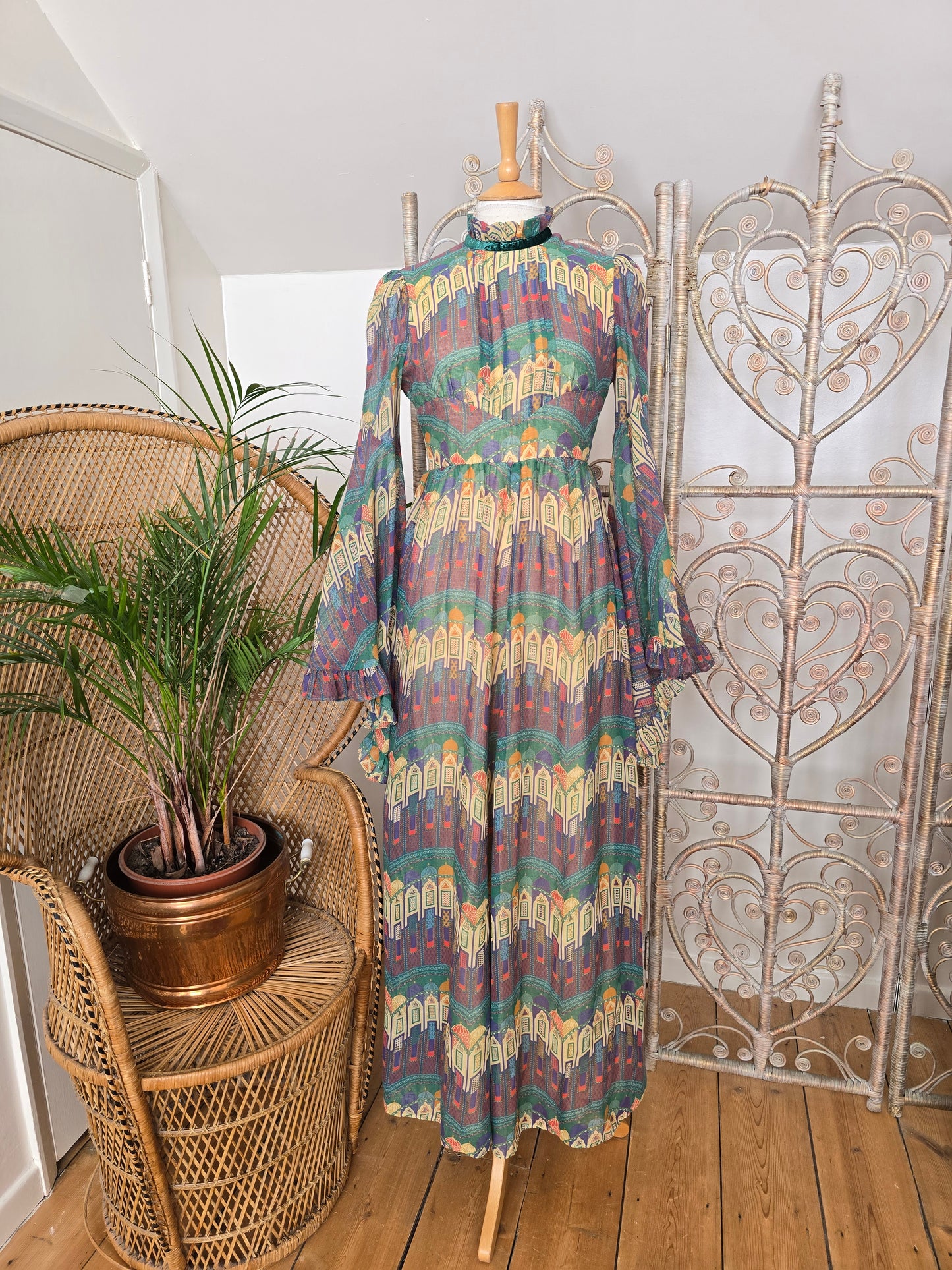 Vintage angel sleeves 70s Samuel Sherman maxi dress
