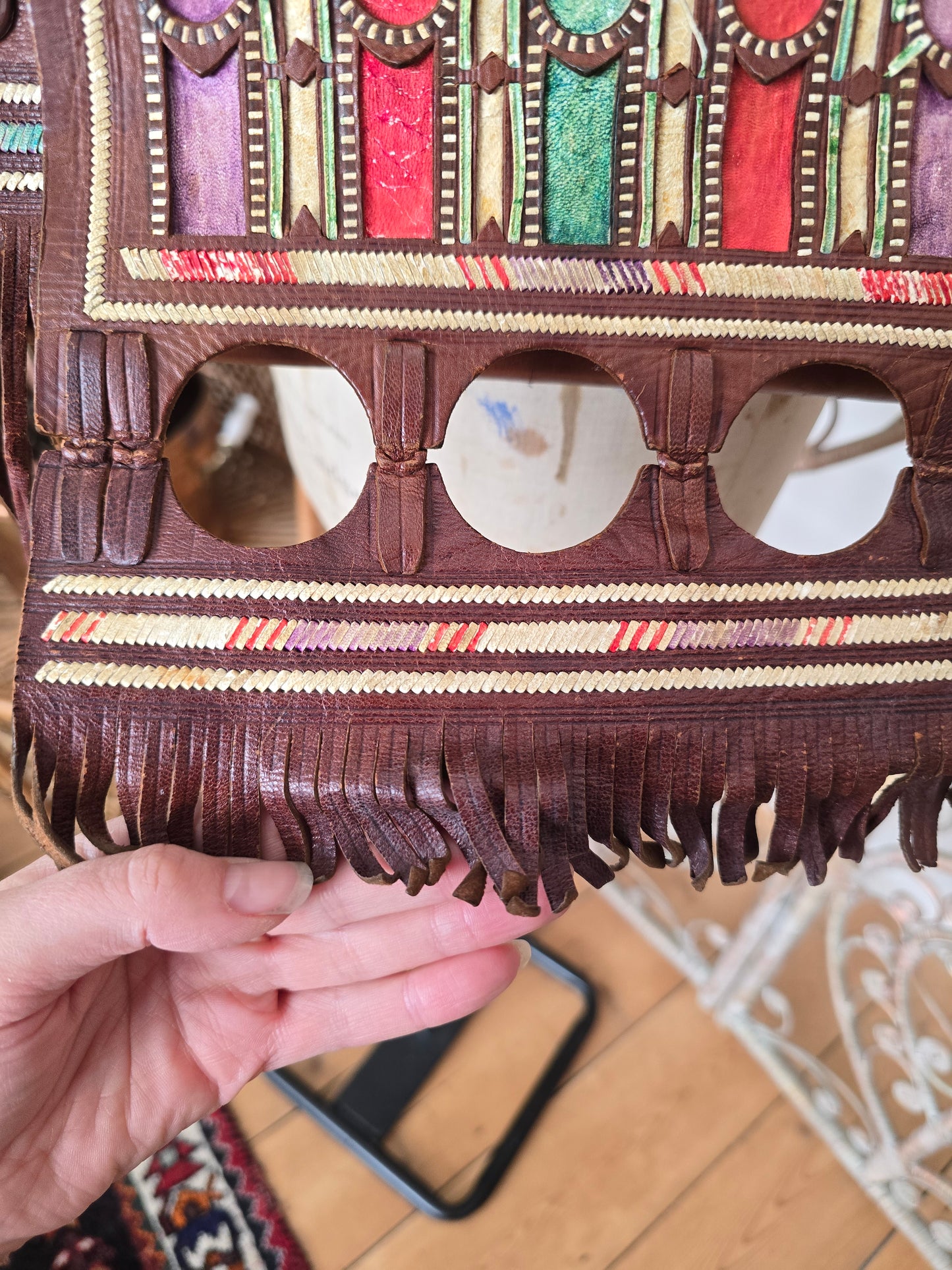Vintage leather tooled fringe bag