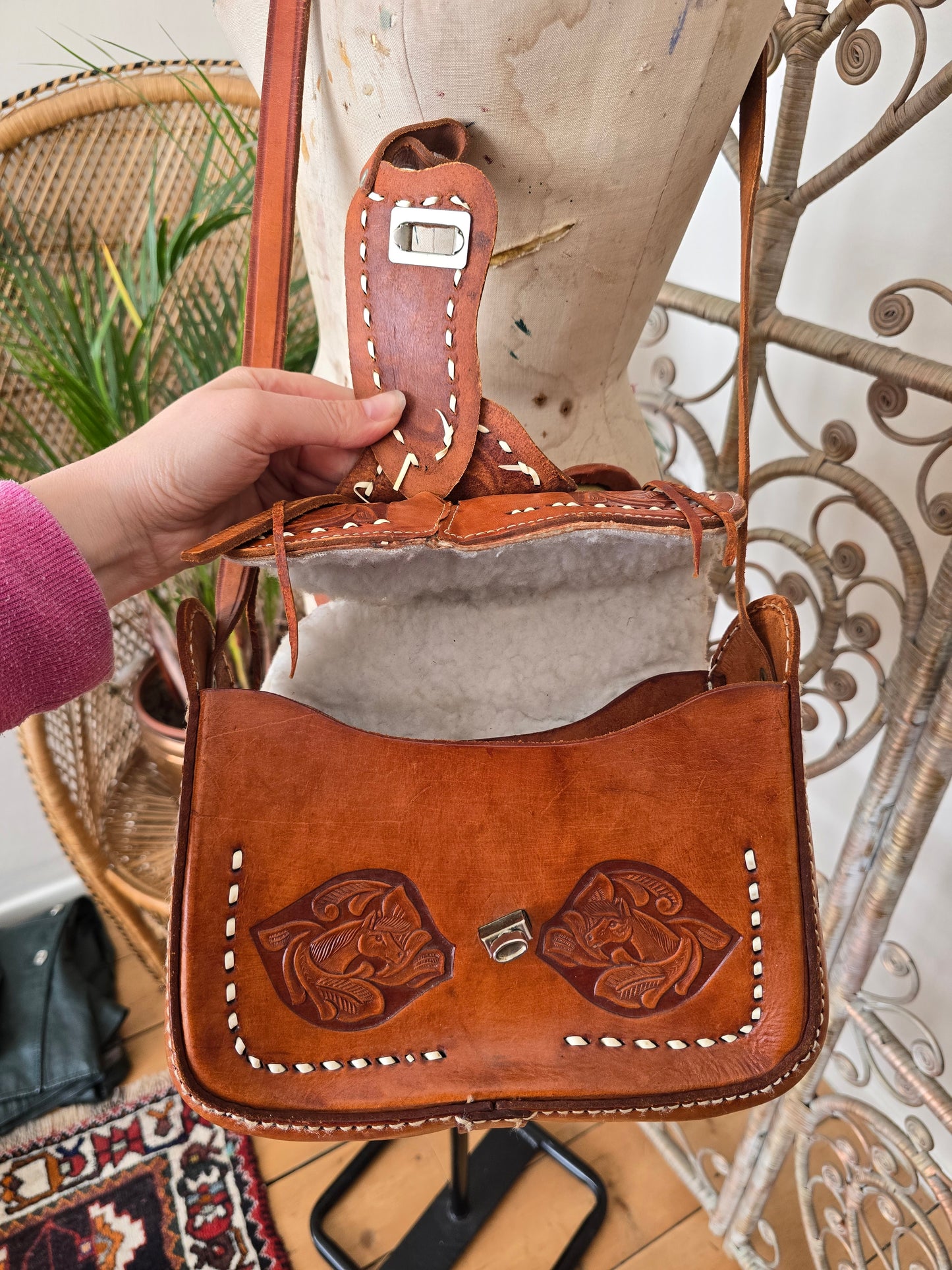 Vintage horse saddle leather tooled bag
