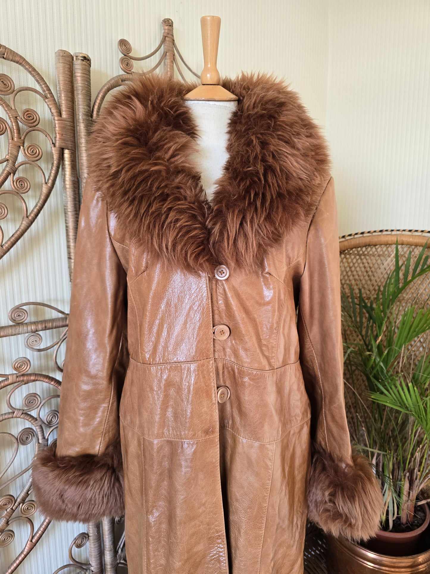 Vintage leather Sheepskin collar coat L