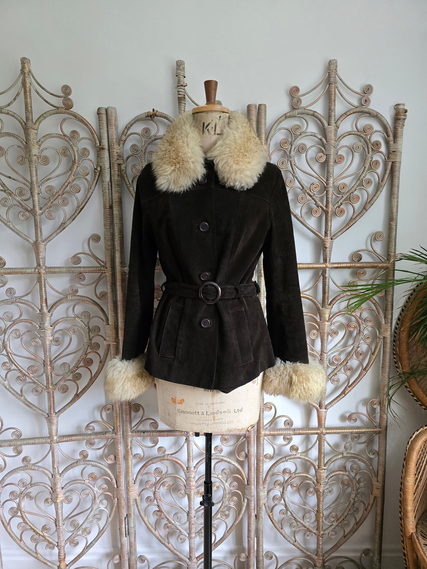 Vintage suede Sheepskin collar cuffs coat