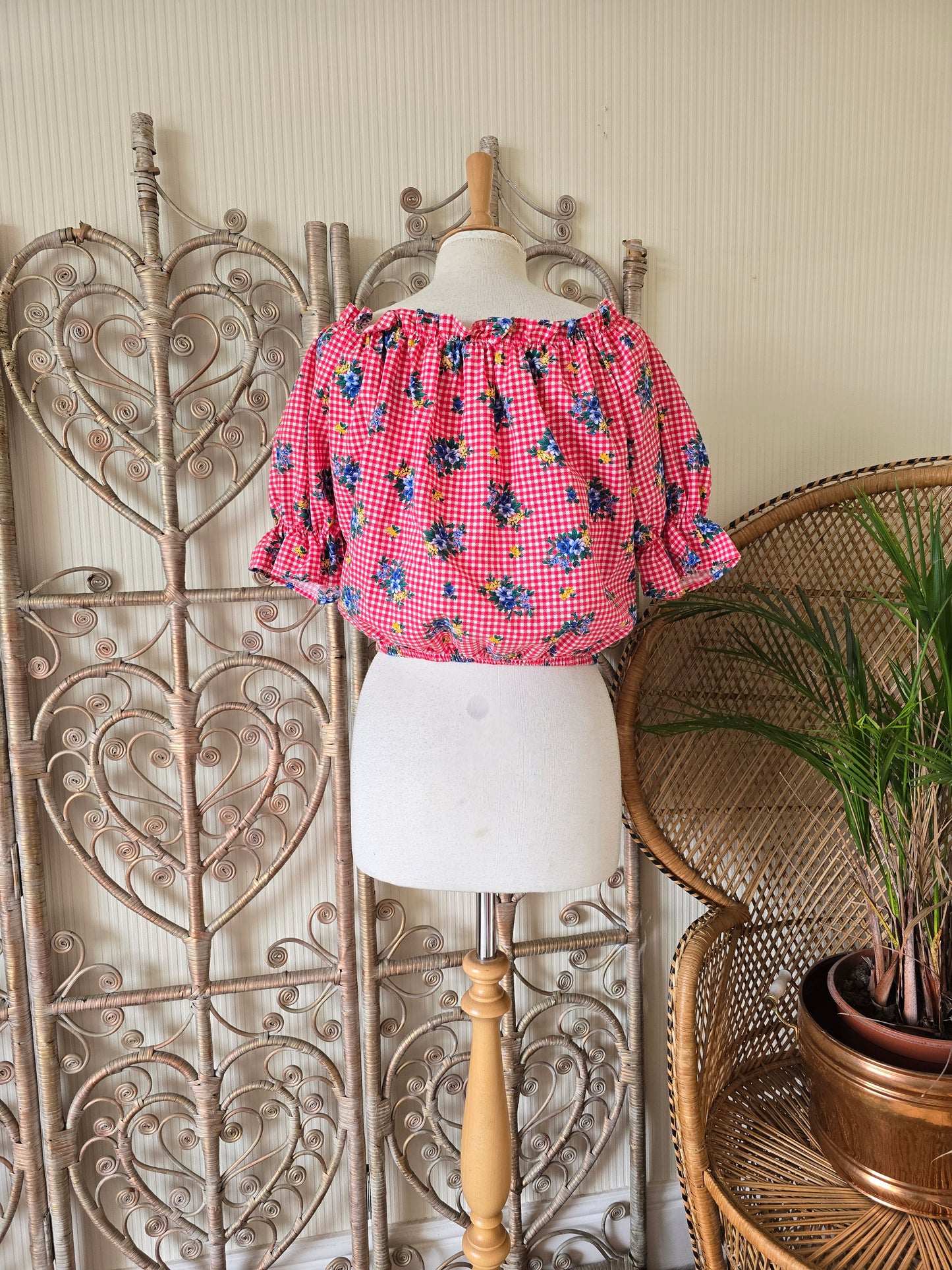 Vintage check tie off shoulders blouse L XL