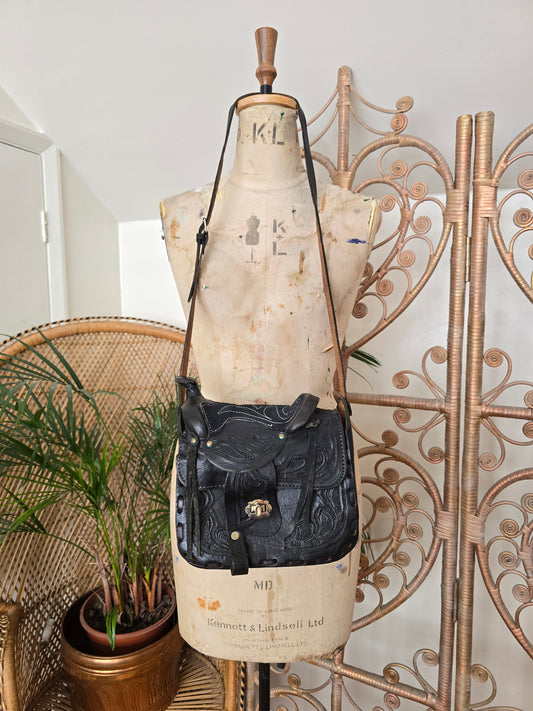 Vintage horse saddle leather tooled bag