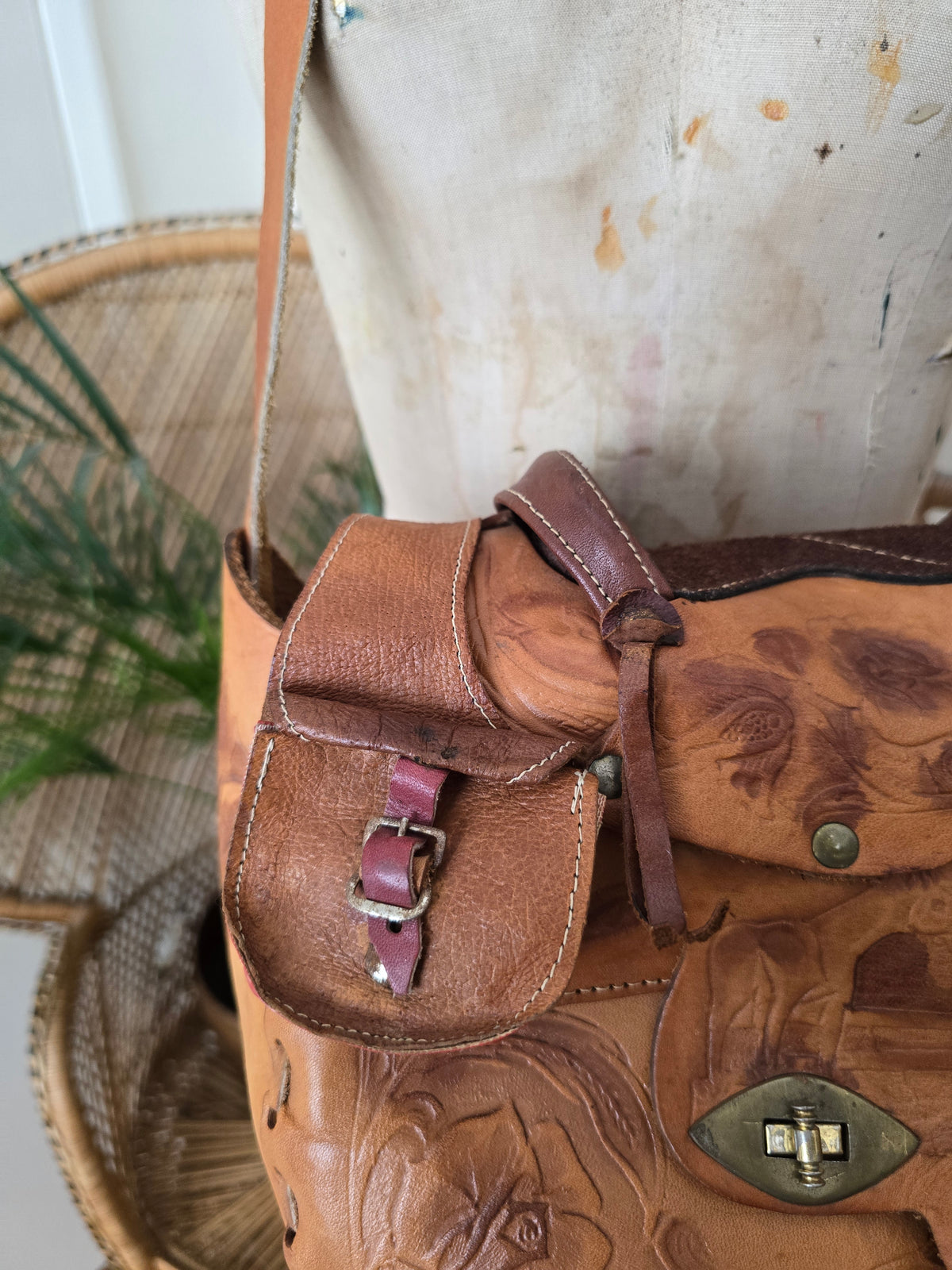 Vintage horse saddle leather tooled bag