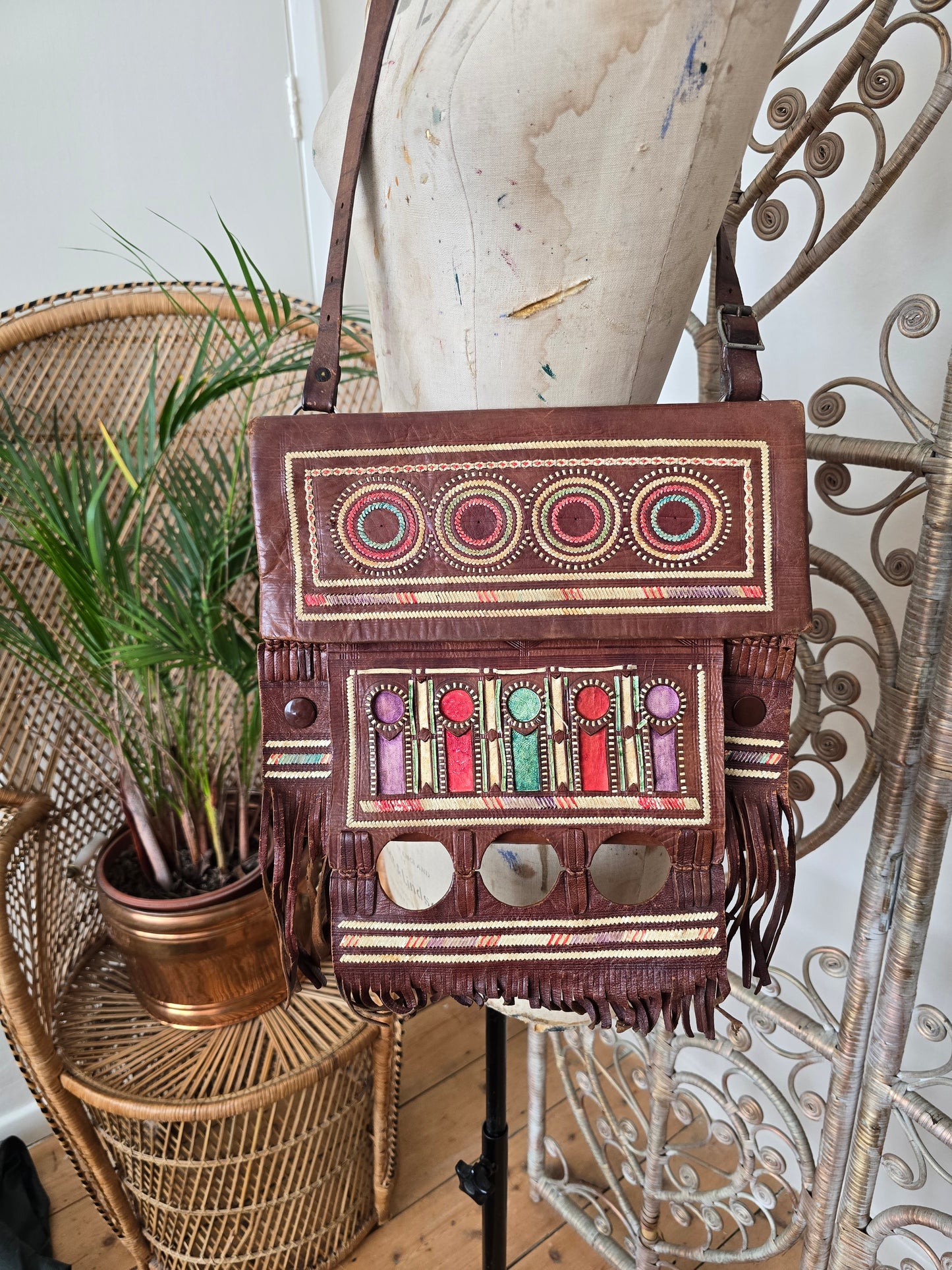 Vintage leather tooled fringe bag