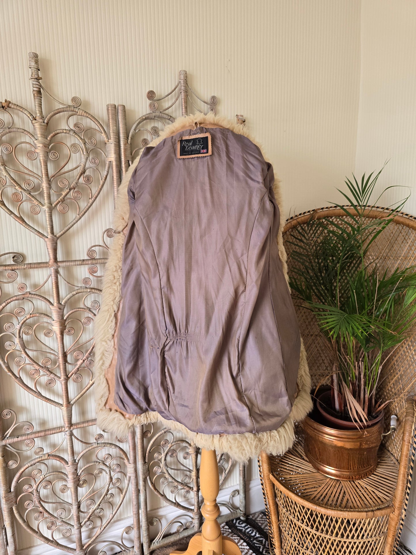 Vintage sheepskin trim leather coat