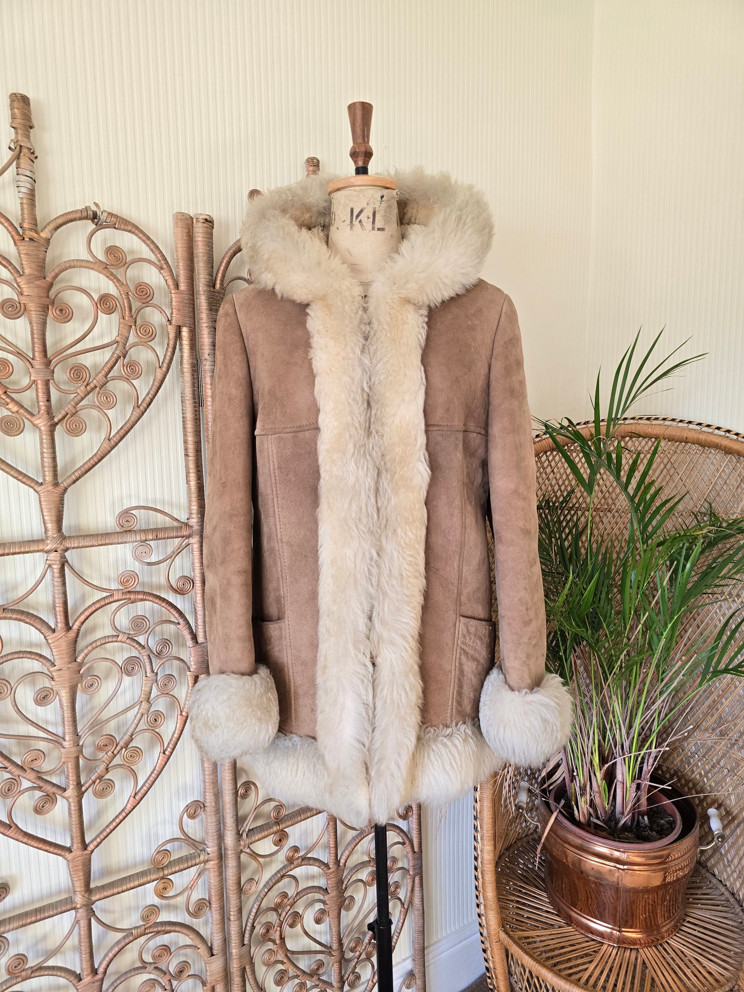 Vintage sheepskin hooded coat