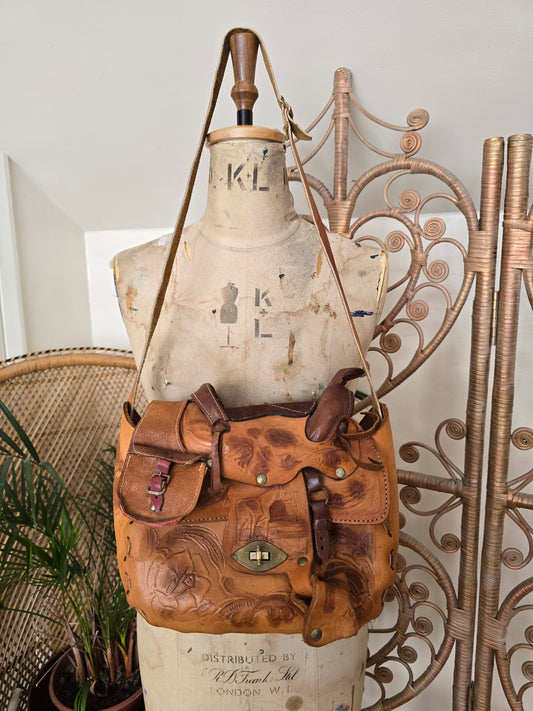 Vintage horse saddle leather tooled bag