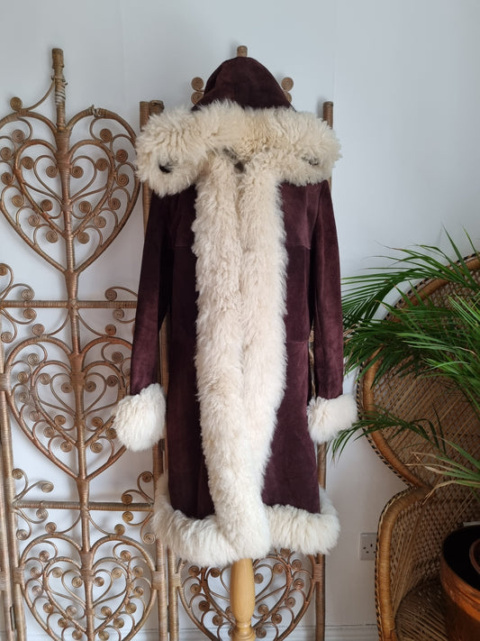 Vintage Sheepskin trim suede hooded 70s coat