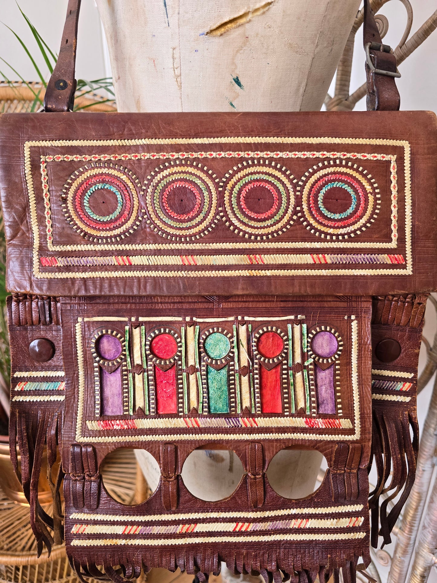 Vintage leather tooled fringe bag