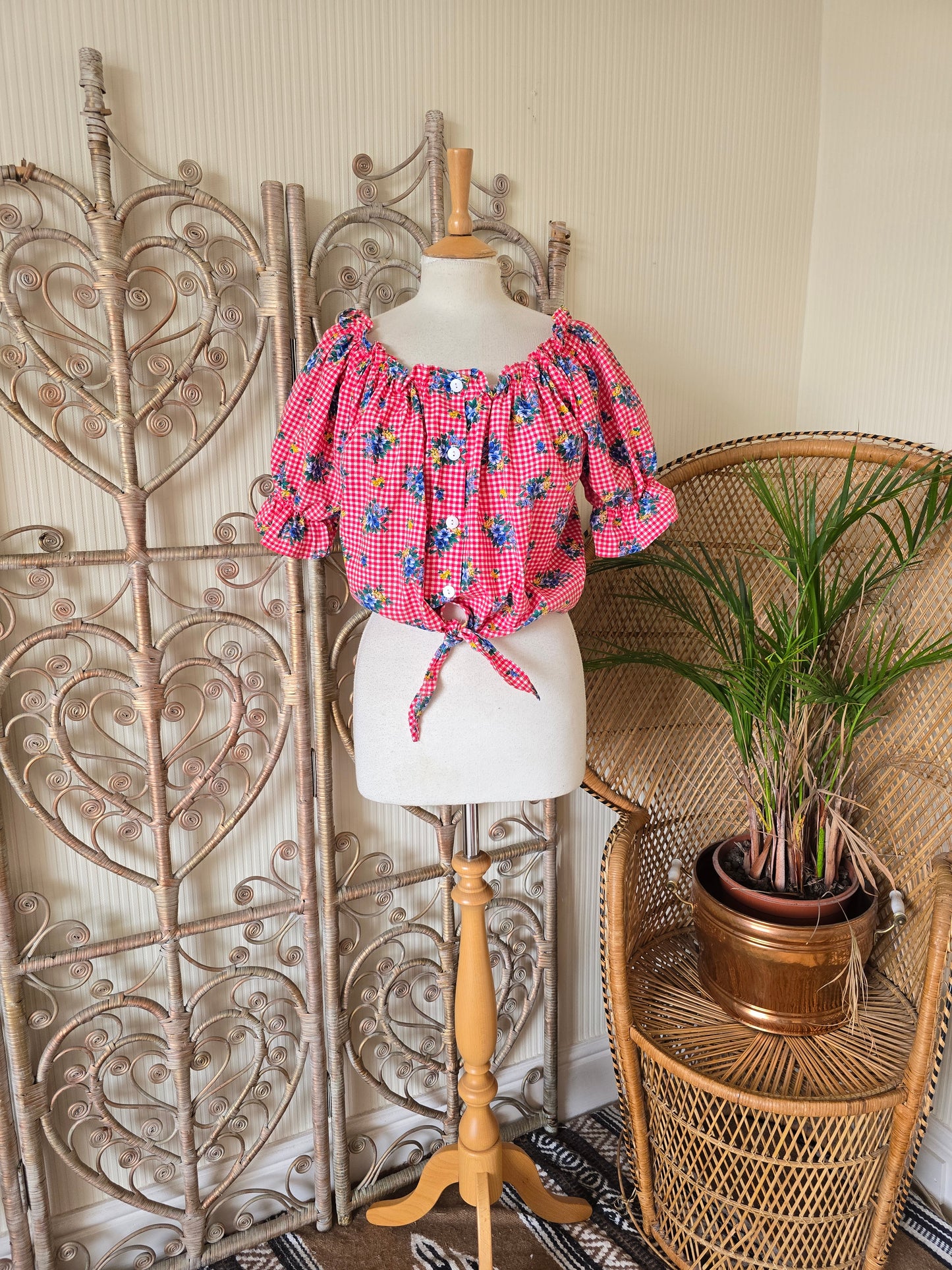 Vintage check tie off shoulders blouse L XL