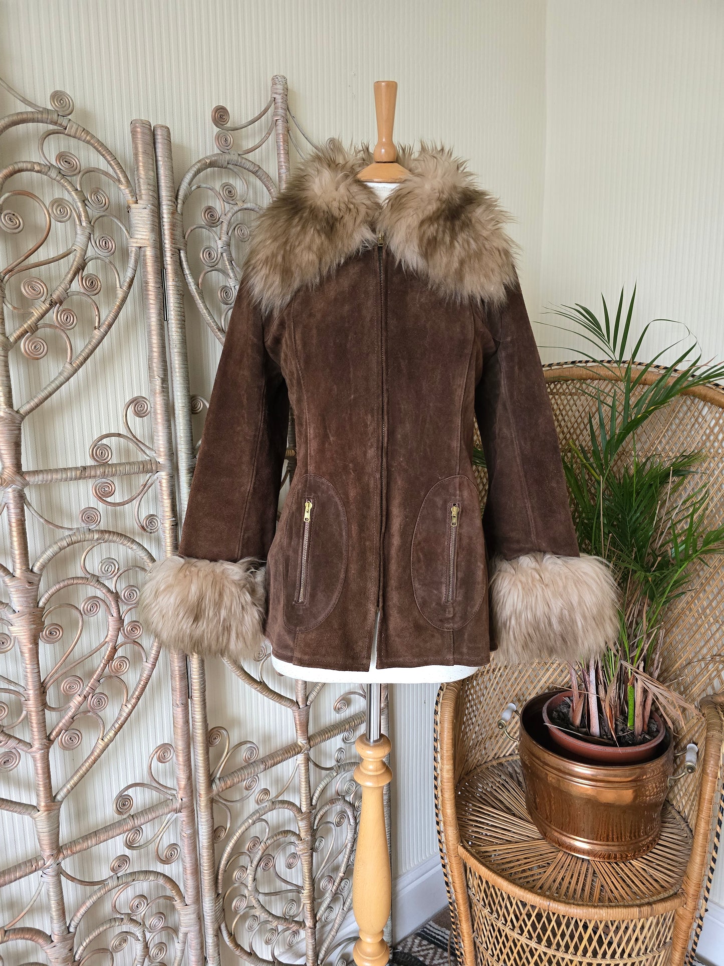 Vintage suede Sheepskin collar cuffs coat