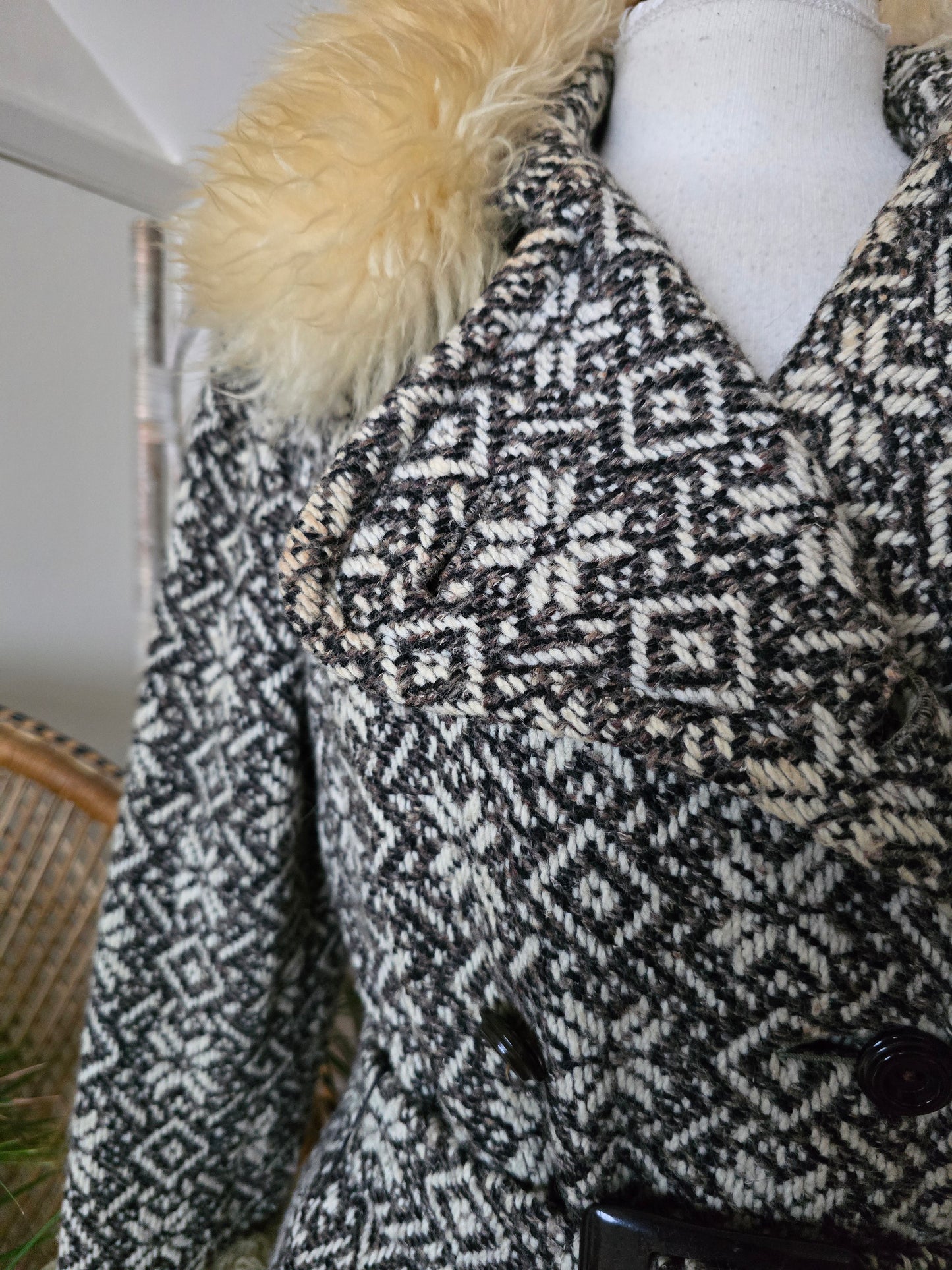 Vintage tapestry sheepskin trim coat