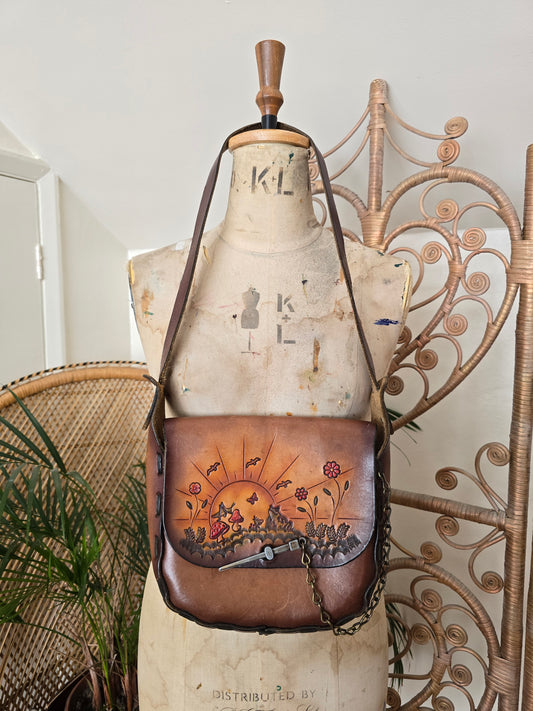 Vintage mushroom frog tooled leather bag