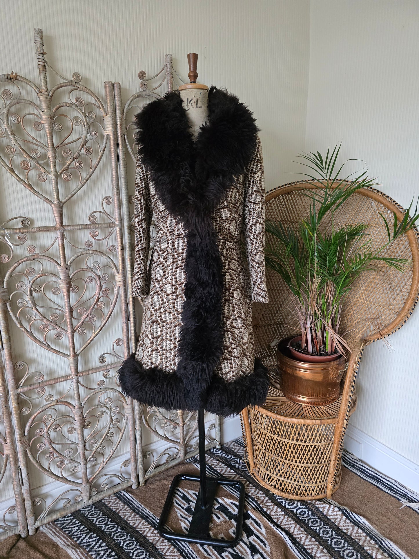 Vintage tapestry sheepskin trim coat