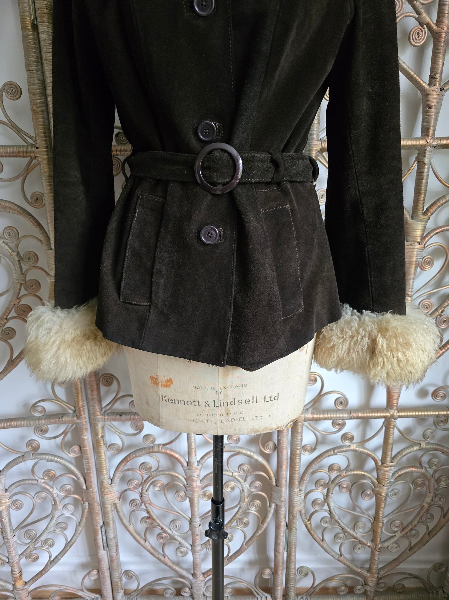 Vintage suede Sheepskin collar cuffs coat