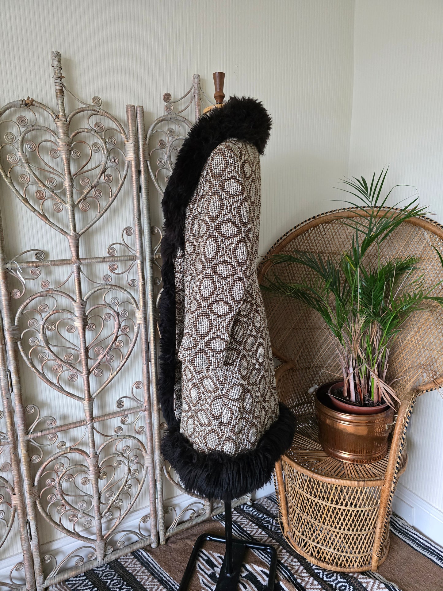 Vintage tapestry sheepskin trim coat