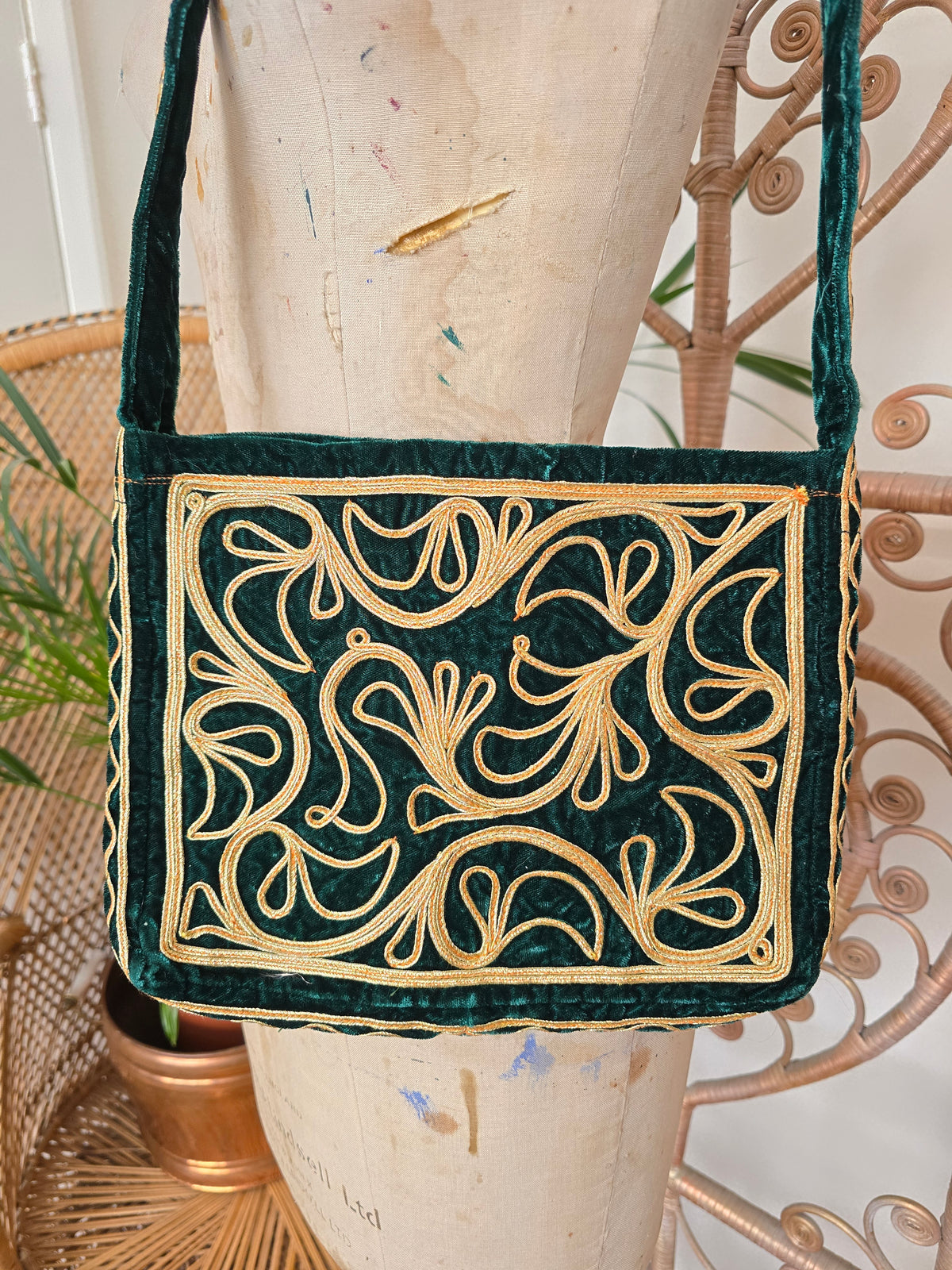 Vintage green gold velvet bag