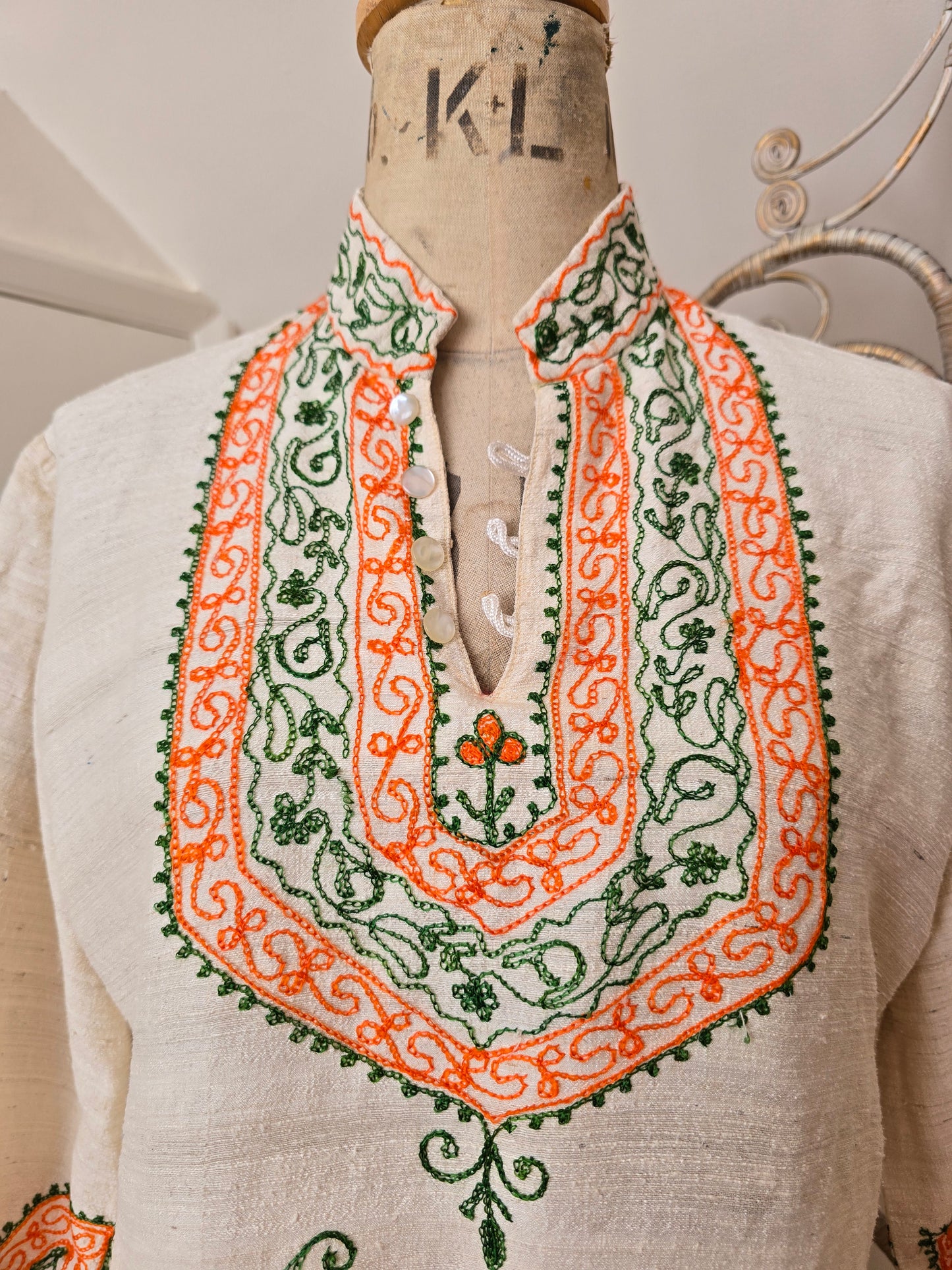 Vintage raw silk embroidered kaftan blouse