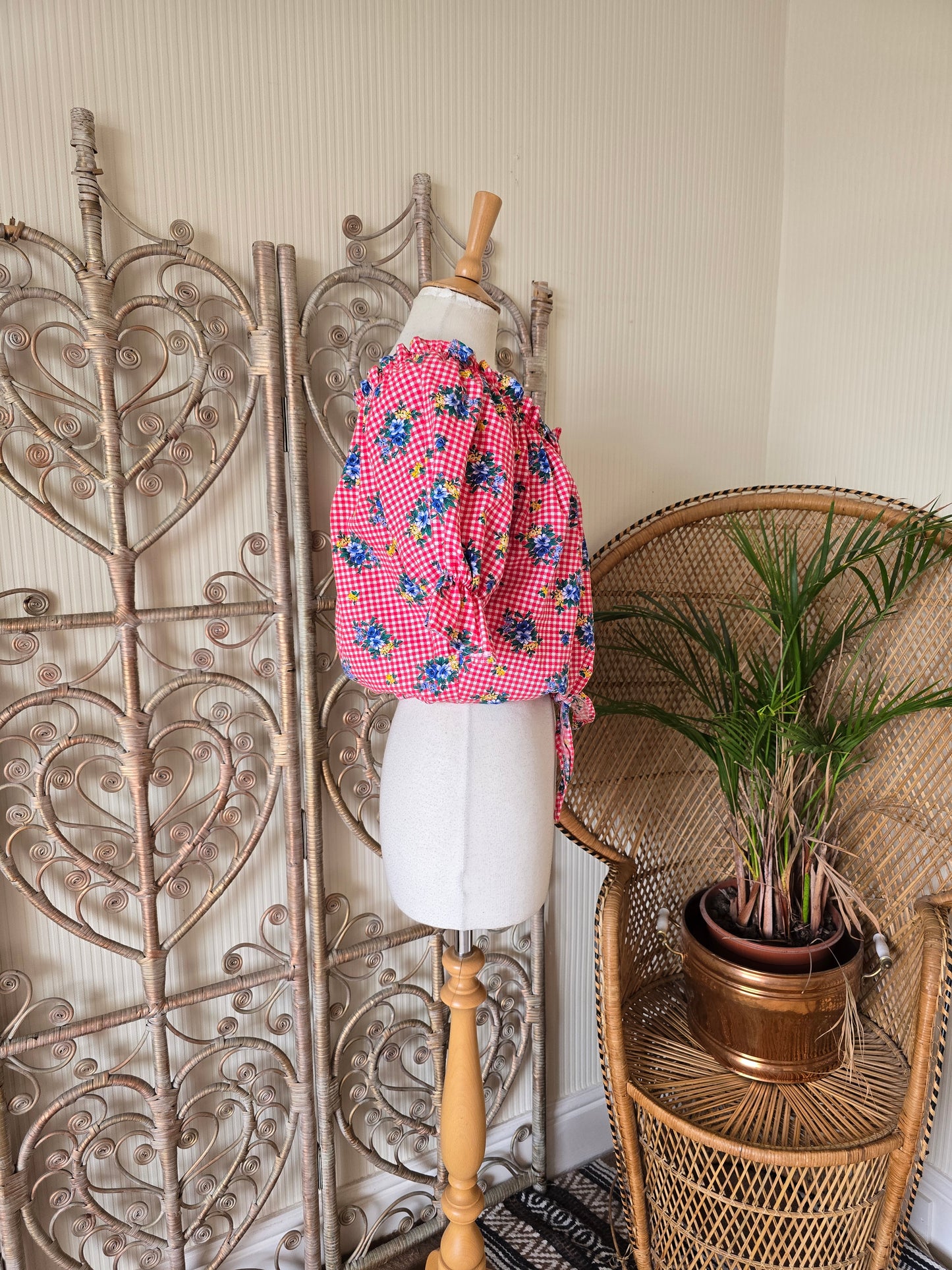 Vintage check tie off shoulders blouse L XL