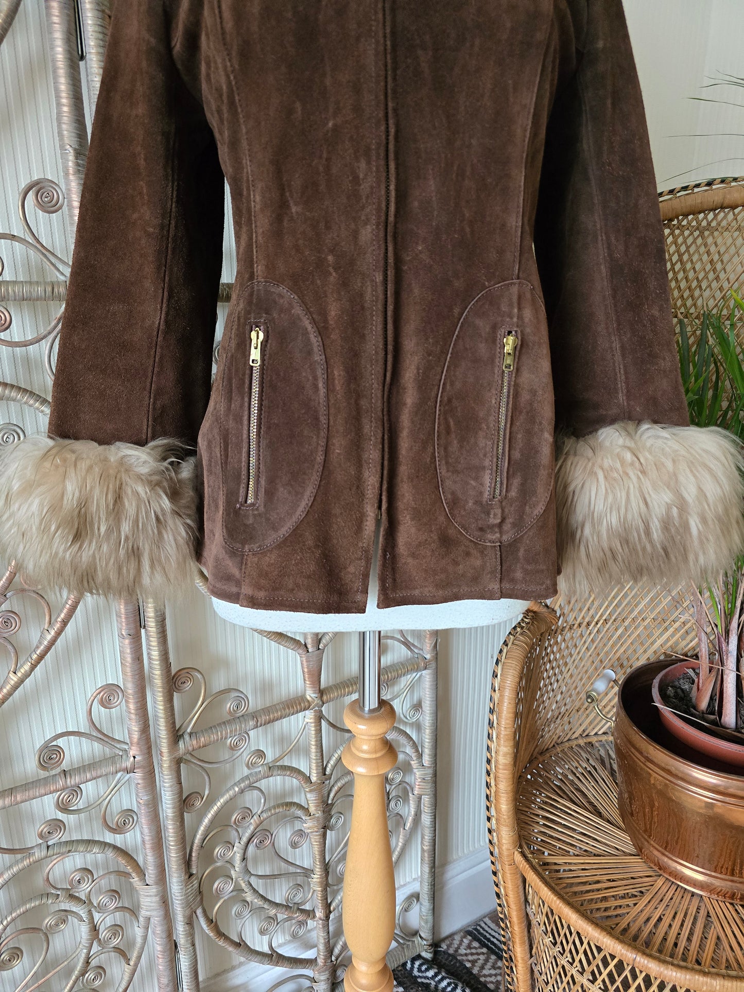Vintage suede Sheepskin collar cuffs coat