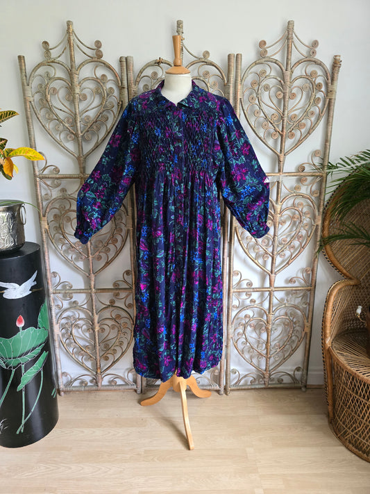 Vintage Adini shirring smock  dress L