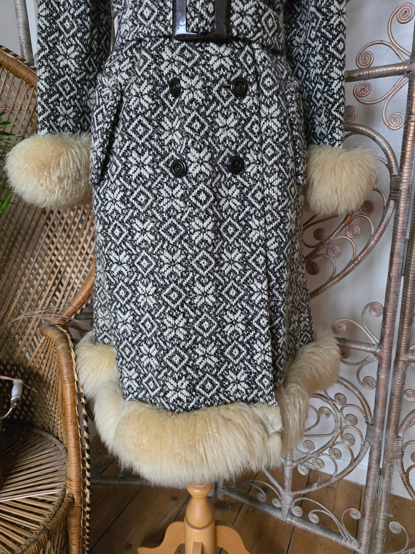 Vintage tapestry sheepskin trim coat