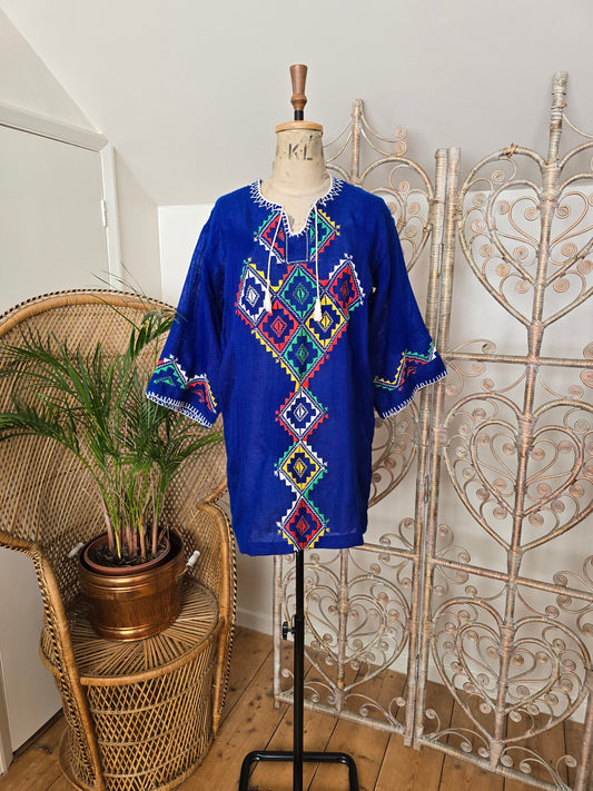 Vintage blue embroidered 70s kaftan tunic S M